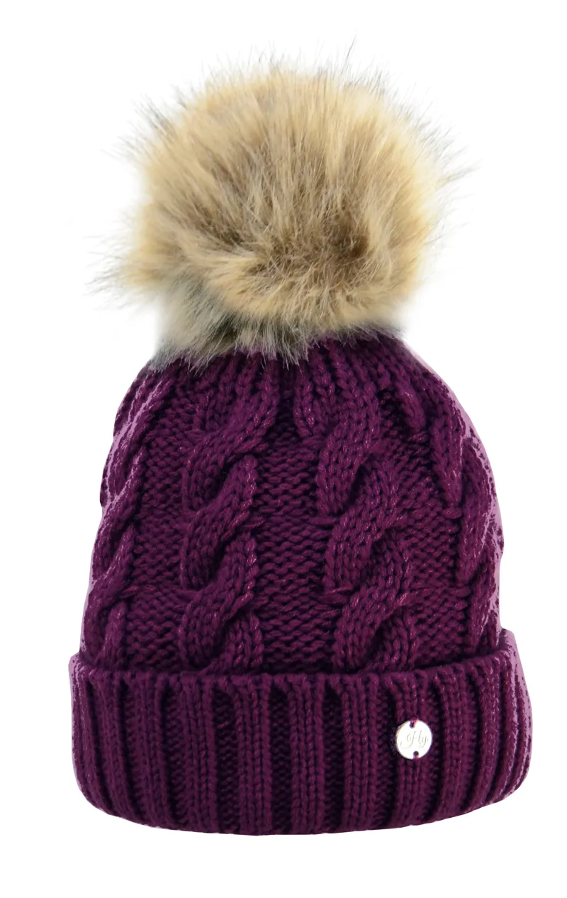 Hy Equestrian Melrose Cable Knit Bobble Hat - Damson